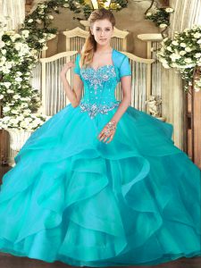 Chic Aqua Blue Sweetheart Lace Up Beading and Ruffles Quinceanera Gown Sleeveless