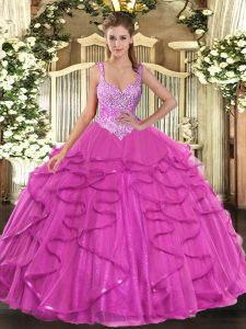 Straps Sleeveless Tulle Vestidos de Quinceanera Beading and Ruffles Lace Up
