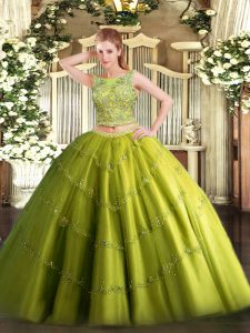 Exquisite Scoop Sleeveless Sweet 16 Dress Floor Length Beading and Appliques Olive Green Tulle