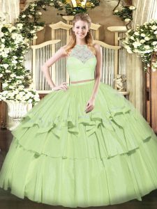 Sexy Olive Green Organza Zipper Scoop Sleeveless Floor Length Sweet 16 Dress Lace and Ruffled Layers
