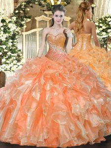 Traditional Orange Red Sleeveless Organza Lace Up Quinceanera Dress for Military Ball and Sweet 16 and Quinceanera