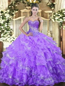 Simple Sleeveless Floor Length Beading and Ruffled Layers Lace Up Sweet 16 Dresses with Lavender