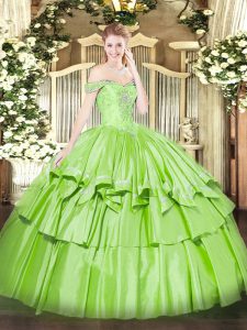 Adorable Off The Shoulder Sleeveless Organza and Taffeta 15th Birthday Dress Beading and Ruffled Layers Lace Up