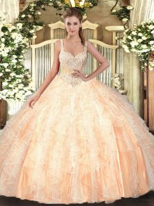Unique Peach Straps Neckline Beading and Ruffles Quince Ball Gowns Sleeveless Lace Up