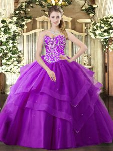 Purple Ball Gowns Beading and Ruffled Layers Quinceanera Gown Lace Up Tulle Sleeveless Floor Length