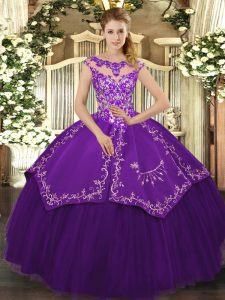 Purple Cap Sleeves Beading and Embroidery Floor Length Quinceanera Gown