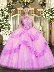 Classical Lilac 15th Birthday Dress Military Ball and Sweet 16 and Quinceanera with Appliques and Sequins Halter Top Sleeveless Lace Up