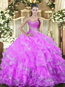 Great Sleeveless Floor Length Beading and Ruffled Layers Lace Up Sweet 16 Quinceanera Dress with Lilac