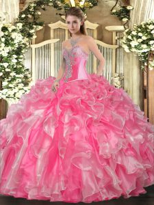 Best Selling Sleeveless Organza Floor Length Lace Up 15 Quinceanera Dress in Rose Pink with Beading and Ruffles
