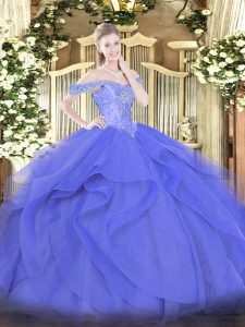 Delicate Ball Gowns Quinceanera Gown Blue Off The Shoulder Tulle Sleeveless Floor Length Lace Up