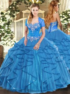 Baby Blue Ball Gowns Tulle Sweetheart Sleeveless Beading and Ruffles Floor Length Lace Up Quinceanera Dresses