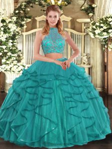 Turquoise Sleeveless Floor Length Beading and Ruffled Layers Criss Cross Quinceanera Gown