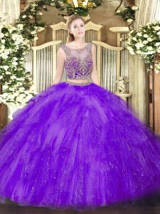 Lavender Tulle Lace Up Sweet 16 Dresses Sleeveless Floor Length Beading and Ruffles