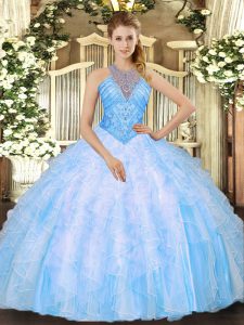 Flare Baby Blue Sleeveless Beading and Ruffles Floor Length Quinceanera Dresses