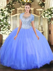 Blue Clasp Handle Scoop Beading 15 Quinceanera Dress Tulle Sleeveless