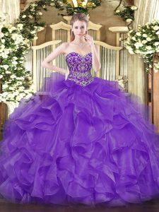 Fantastic Beading and Ruffles 15th Birthday Dress Lavender Lace Up Sleeveless Floor Length