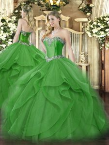 Extravagant Green Vestidos de Quinceanera Military Ball and Sweet 16 and Quinceanera with Beading and Ruffles Sweetheart Sleeveless Lace Up