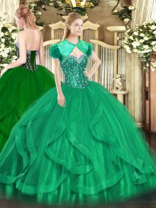 Tulle Sleeveless Floor Length Ball Gown Prom Dress and Beading and Ruffles