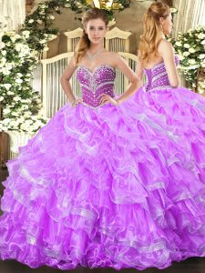 Lilac Lace Up Sweetheart Beading and Ruffled Layers Sweet 16 Dress Organza Sleeveless