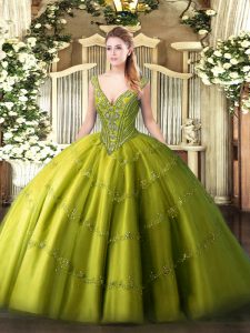 V-neck Sleeveless Quinceanera Gown Floor Length Beading and Appliques Olive Green Tulle