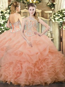 Admirable Peach Ball Gowns Organza Sweetheart Sleeveless Beading and Ruffles and Pick Ups Floor Length Lace Up Vestidos de Quinceanera