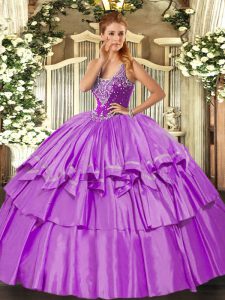 Cute Straps Sleeveless Lace Up 15th Birthday Dress Lilac Organza and Taffeta