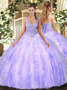 Straps Sleeveless Lace Up Ball Gown Prom Dress Lavender Tulle