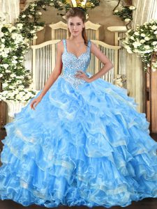 Baby Blue Lace Up Quince Ball Gowns Beading and Ruffled Layers Sleeveless Floor Length