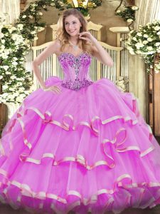 Modern Lilac Ball Gowns Organza Sweetheart Sleeveless Beading and Ruffles Floor Length Lace Up 15th Birthday Dress