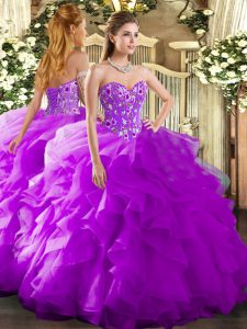 Chic Sweetheart Sleeveless Quince Ball Gowns Floor Length Embroidery and Ruffles Purple Organza
