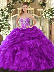 Dynamic Sleeveless Organza Floor Length Lace Up Vestidos de Quinceanera in Purple with Beading and Ruffles and Pick Ups