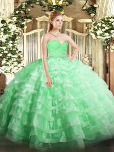 Low Price Tulle Sweetheart Sleeveless Zipper Beading and Lace and Ruffled Layers Sweet 16 Quinceanera Dress in Apple Green