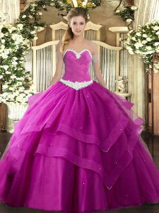 Ball Gowns Quinceanera Dresses Fuchsia Sweetheart Tulle Sleeveless Floor Length Lace Up