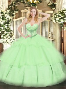Yellow Green Lace Up Sweetheart Beading and Ruffled Layers Sweet 16 Dress Tulle Sleeveless