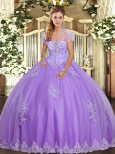 Lavender Tulle Lace Up Quince Ball Gowns Sleeveless Floor Length Appliques