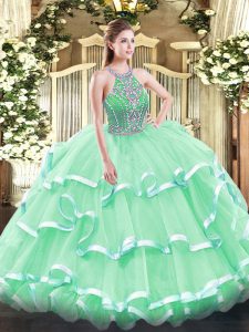 Popular Sleeveless Tulle Floor Length Lace Up Sweet 16 Dress in Apple Green with Beading and Ruffled Layers