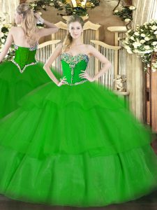 Sleeveless Tulle Floor Length Lace Up Sweet 16 Dress in Green with Beading and Ruffled Layers