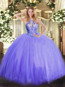 Ball Gowns Sweet 16 Quinceanera Dress Lavender Halter Top Tulle Sleeveless Floor Length Lace Up