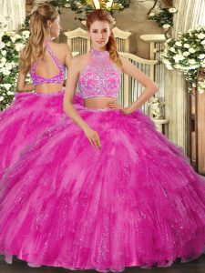 Hot Pink Sweet 16 Dress Military Ball and Sweet 16 and Quinceanera with Beading Halter Top Sleeveless Criss Cross