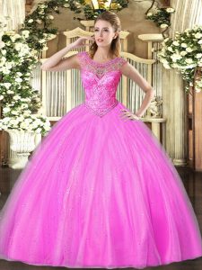 Lilac Tulle Lace Up Quinceanera Dresses Sleeveless Floor Length Beading