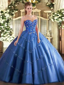 New Arrival Blue Lace Up Sweetheart Appliques and Embroidery Sweet 16 Dresses Tulle Sleeveless