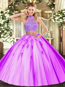Gorgeous Lilac Criss Cross Halter Top Beading Quinceanera Gowns Tulle Sleeveless
