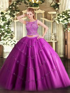 Dynamic Floor Length Fuchsia Quinceanera Dress Tulle Sleeveless Beading and Appliques