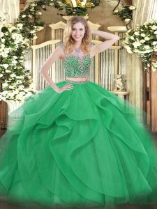 Green Two Pieces Beading and Ruffles Quince Ball Gowns Lace Up Tulle Sleeveless Floor Length