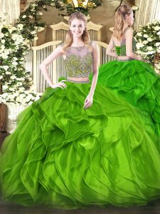 Fine Green Organza Lace Up Scoop Sleeveless Floor Length Vestidos de Quinceanera Beading and Ruffles