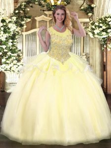 Hot Selling Floor Length Light Yellow Quinceanera Gown Scoop Sleeveless Zipper