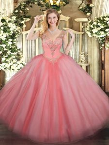 Most Popular Watermelon Red V-neck Neckline Beading Ball Gown Prom Dress Sleeveless Lace Up