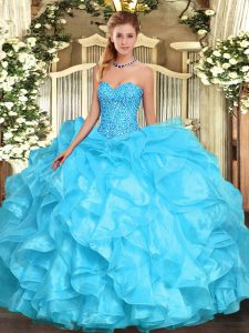 Perfect Sweetheart Sleeveless Quinceanera Gown Floor Length Beading and Ruffles Aqua Blue Organza