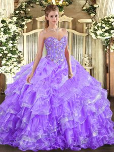 Free and Easy Sleeveless Floor Length Embroidery and Ruffled Layers Lace Up Quinceanera Gowns with Lavender