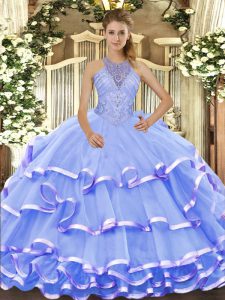 Artistic Sleeveless Floor Length Beading and Ruffled Layers Lace Up Sweet 16 Quinceanera Dress with Blue